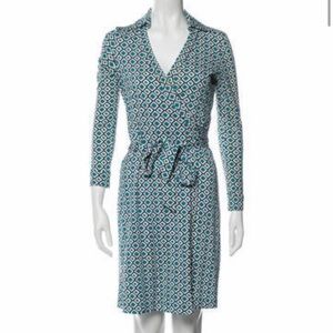 Blue and green wrap dress